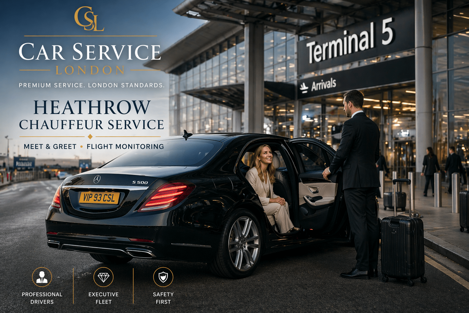 Luxury Heathrow airport transfer chauffeur with Mercedes V-Class