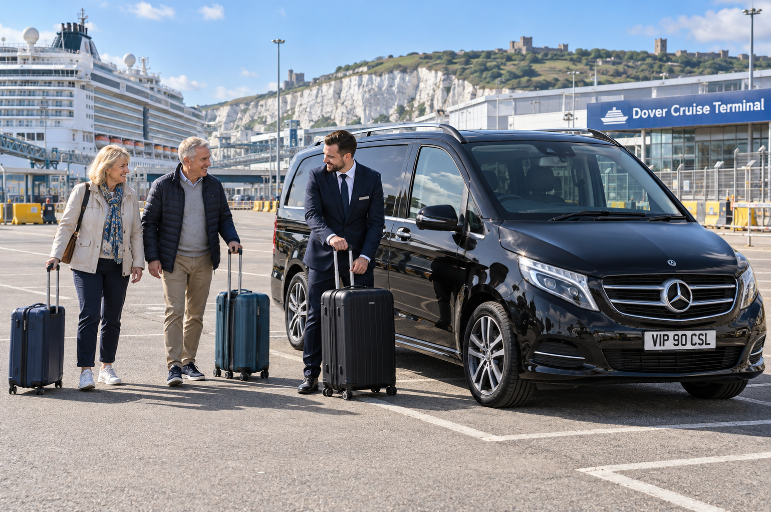 Chauffeur assisting passengers with luggage at Dover Port