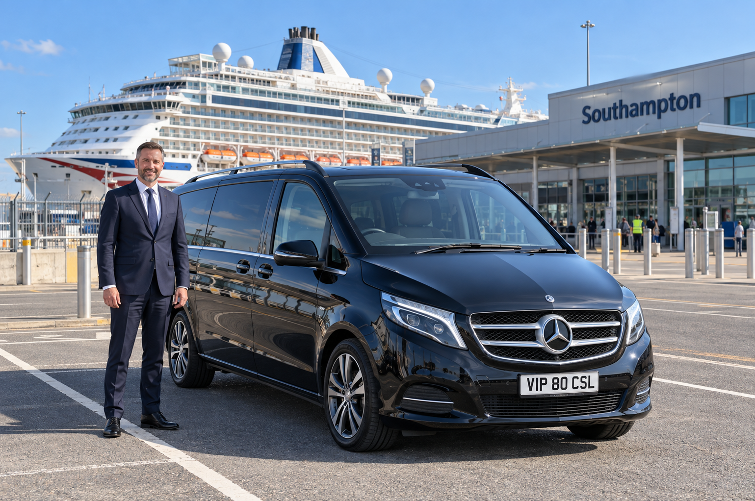 Mercedes-Benz chauffeur vehicle at Southampton cruise port