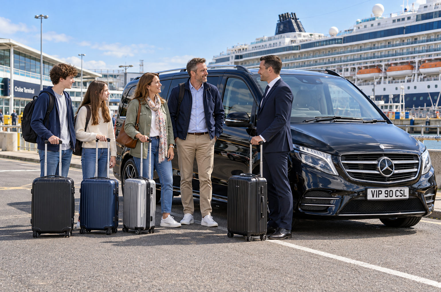 Family beside a Mercedes-Benz V-Class with their chauffeur and suitcases