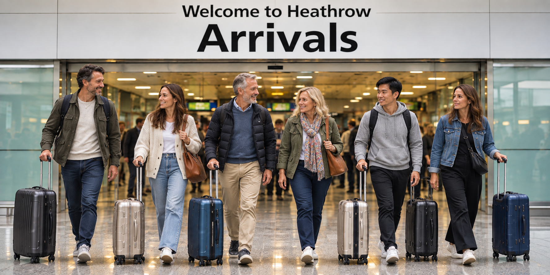 Heathrow airport arrivals with wheeled suitcases - Seaport Transfers - Car Service London