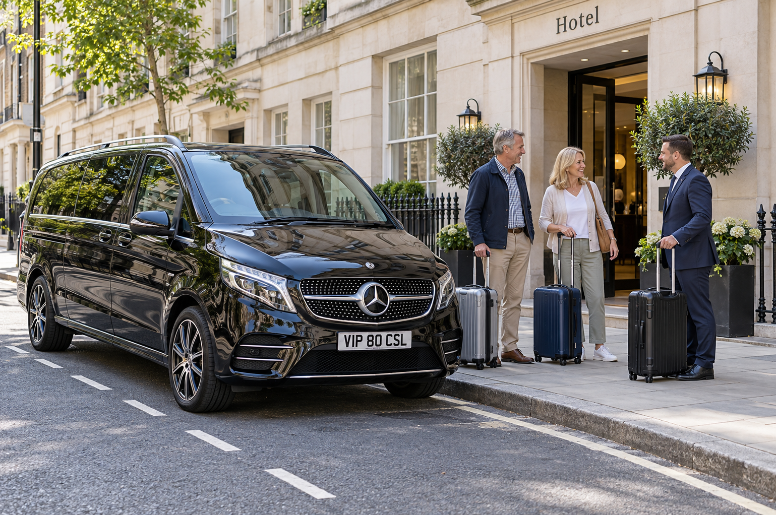 Passengers with suitcases beside a chauffeur vehicle outside a London hotel